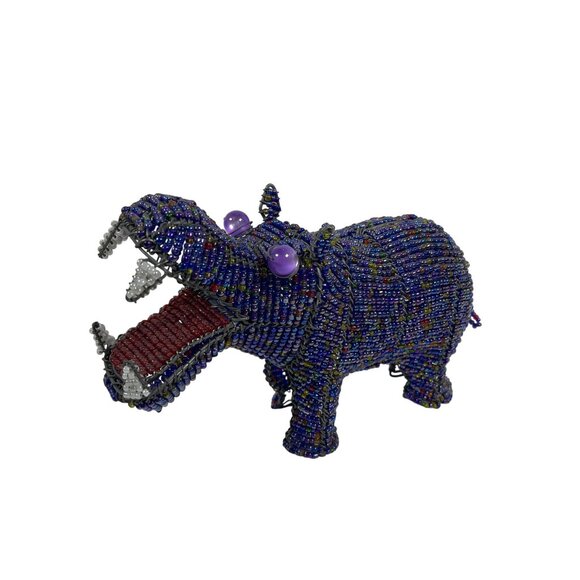 South Africa Hippo African Art Wire Blue Beaded Hippopotamus Handmade Sculpture - Picture 8 of 12